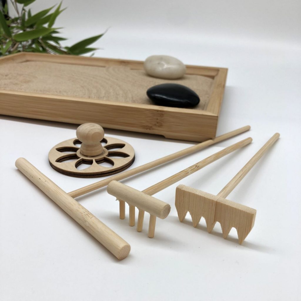 NATURALTOUCH Mini-Zen-Garten Set – Japanischer Meditationstisch Aus Bambus, Mit Sand, Steinen & Werkzeug